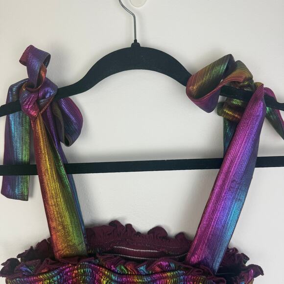 TCEC Womens Tie Strap Rainbow Metallic Cropped Smocked Multicolored Top Small - Picture 5 of 8